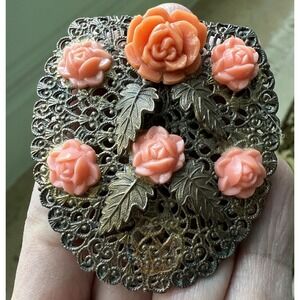 VTG 1930s Dress Clip 2.25" Floral‎ Coral Yellow Brass Bronze Filigree Deco READ